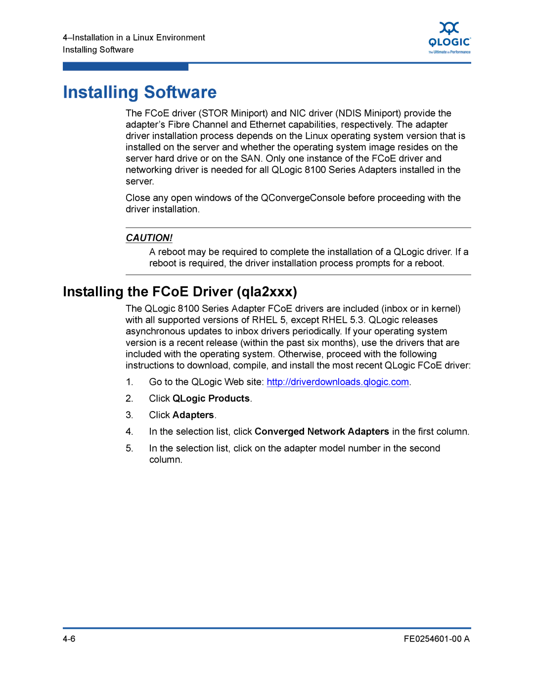 Q-Logic 8100 SERIES manual Installing the FCoE Driver qla2xxx, Click QLogic Products Click Adapters 