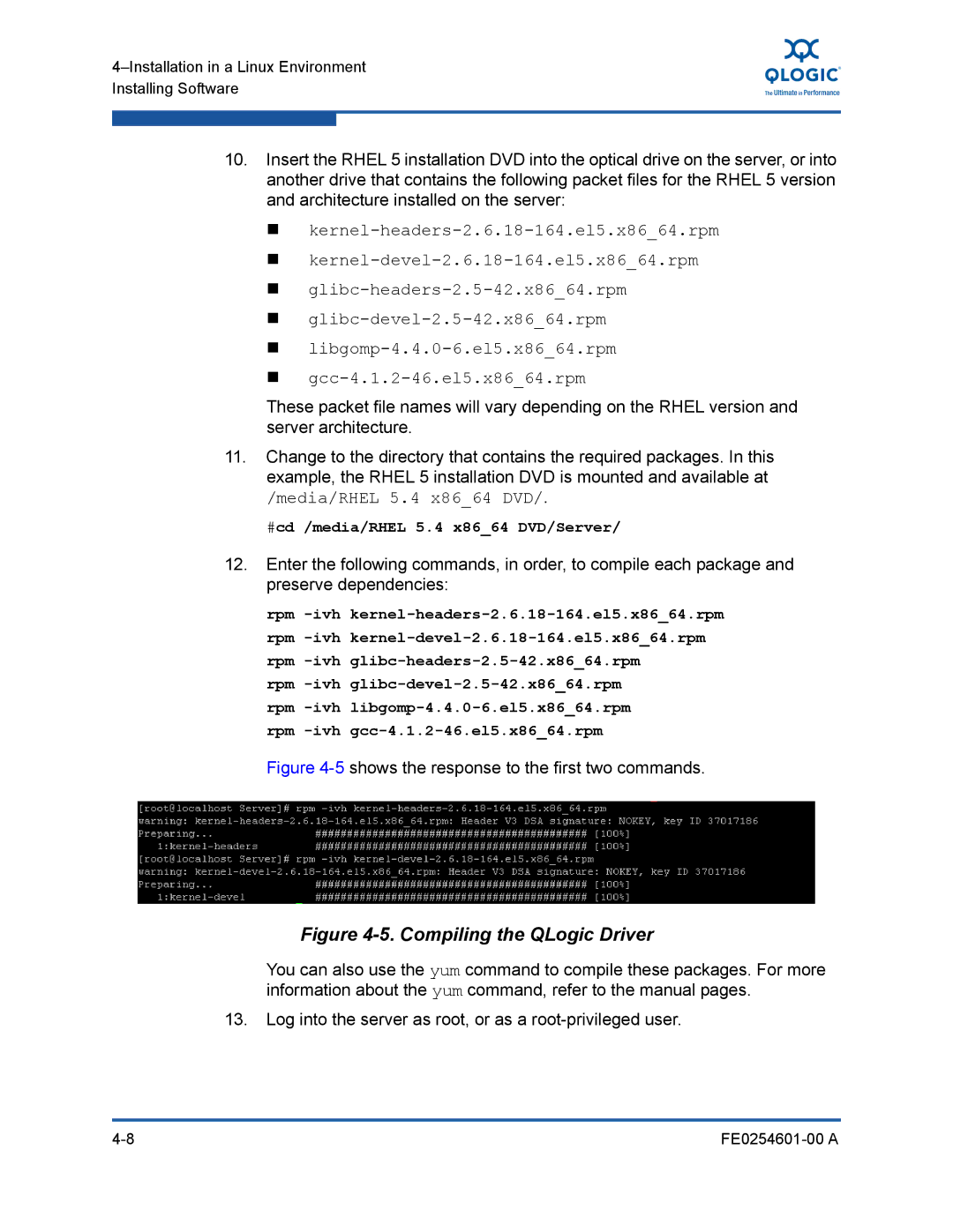 Q-Logic 8100 SERIES manual Compiling the QLogic Driver, #cd /media/RHEL 5.4 x8664 DVD/Server 