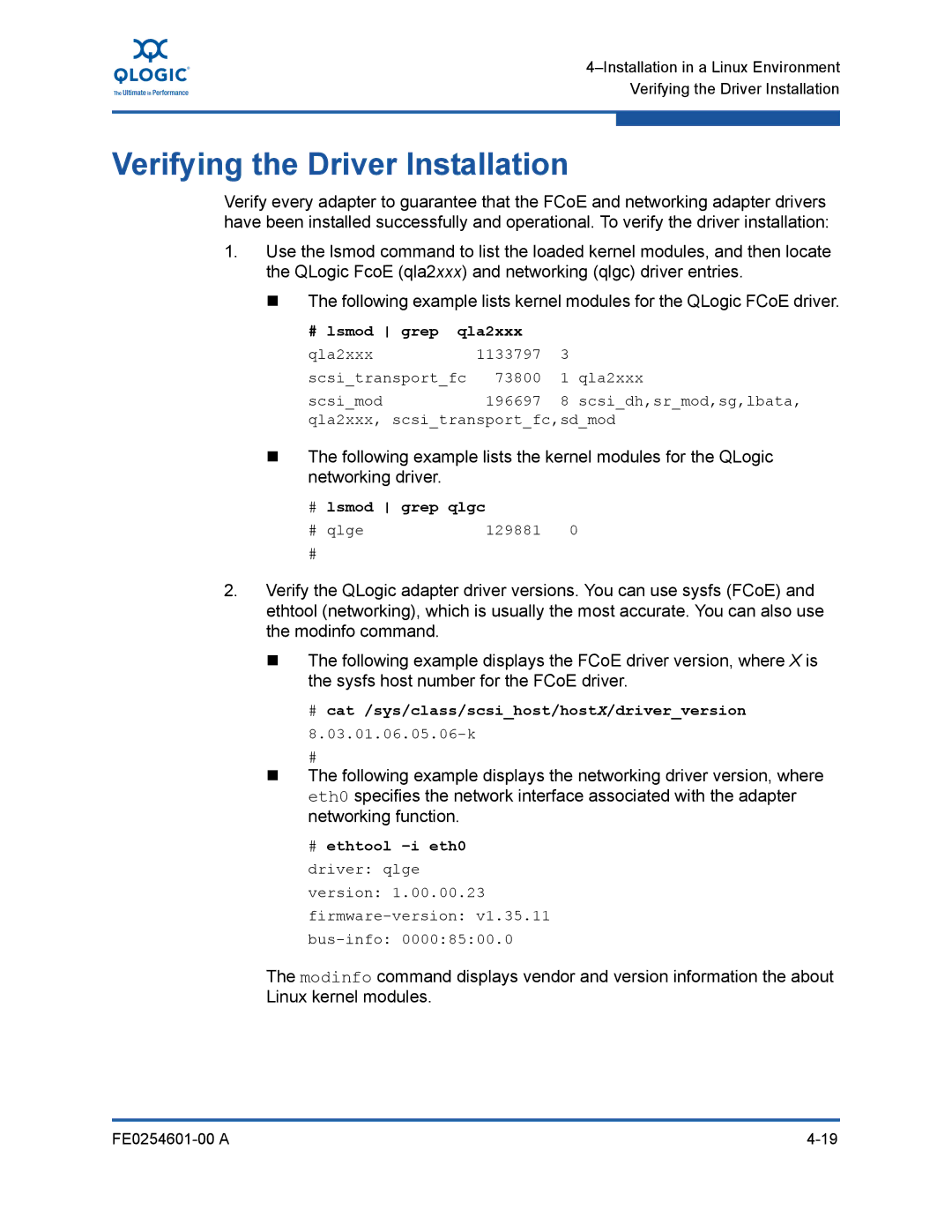 Q-Logic 8100 SERIES manual Verifying the Driver Installation, # lsmod grep qla2xxx, # lsmod grep qlgc 