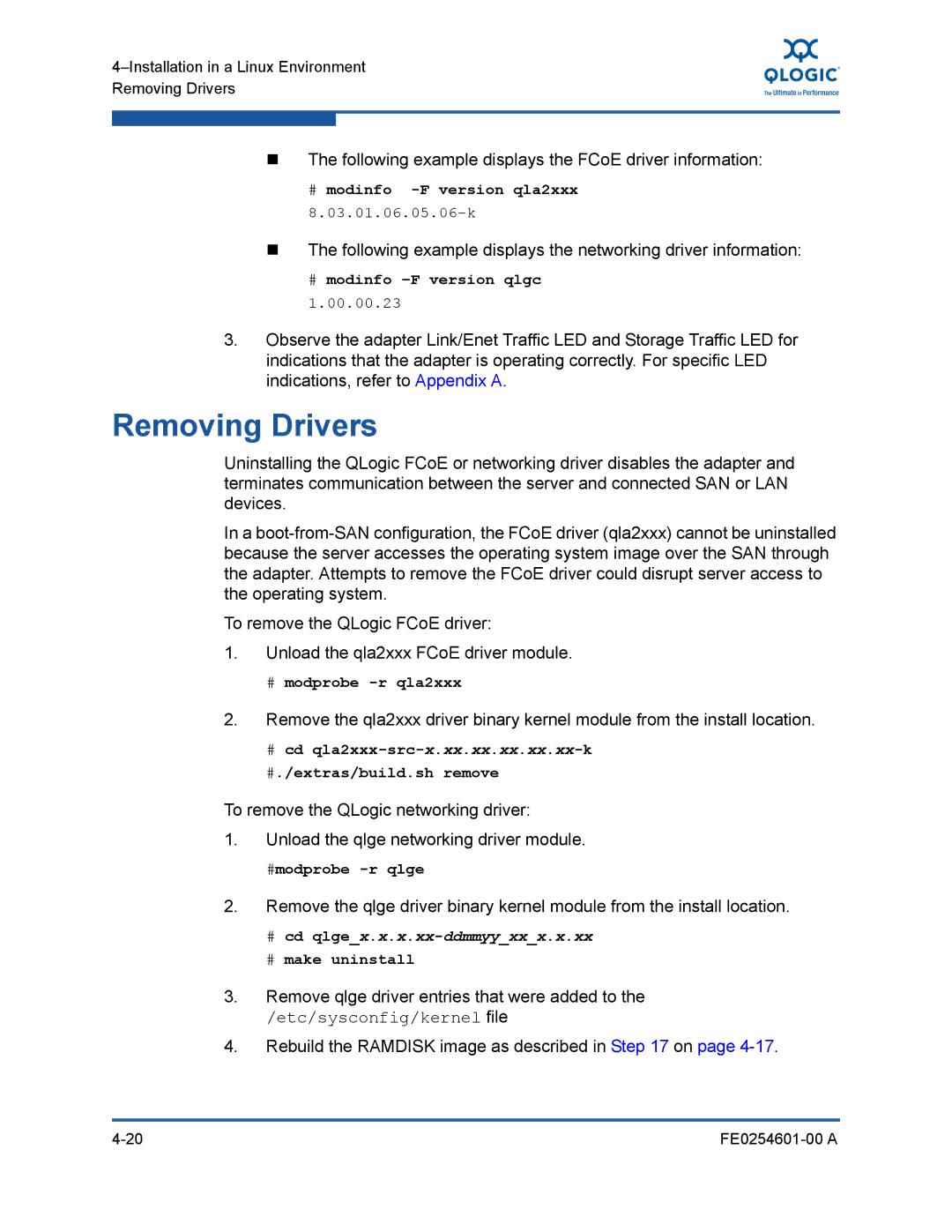 Q-Logic 8100 SERIES manual Removing Drivers, # modinfo -F version qla2xxx 8.03.01.06.05.06-k, # modinfo -F version qlgc 