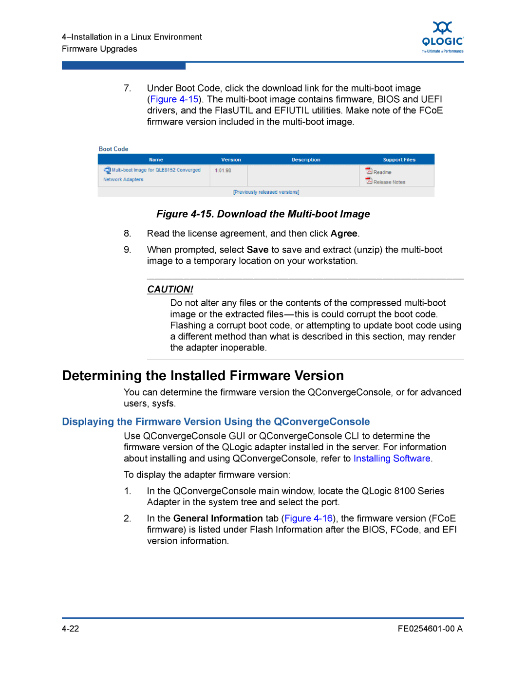 Q-Logic 8100 SERIES manual Download the Multi-boot Image, Displaying the Firmware Version Using the QConvergeConsole 