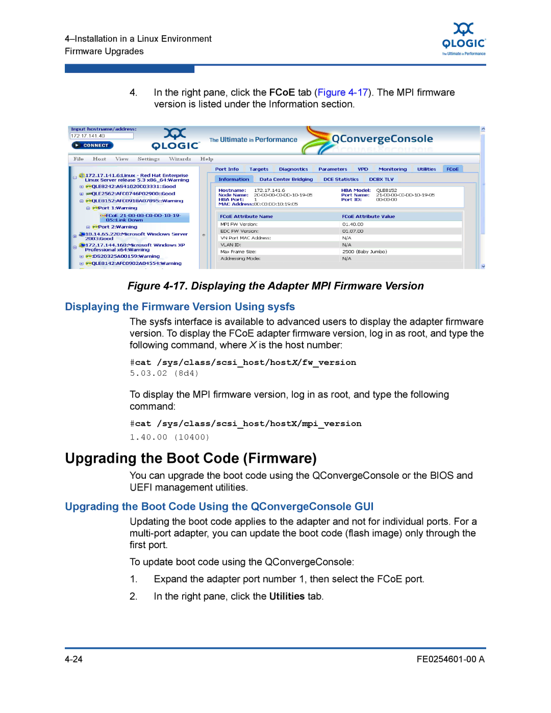 Q-Logic 8100 SERIES manual Upgrading the Boot Code Firmware, Displaying the Firmware Version Using sysfs 