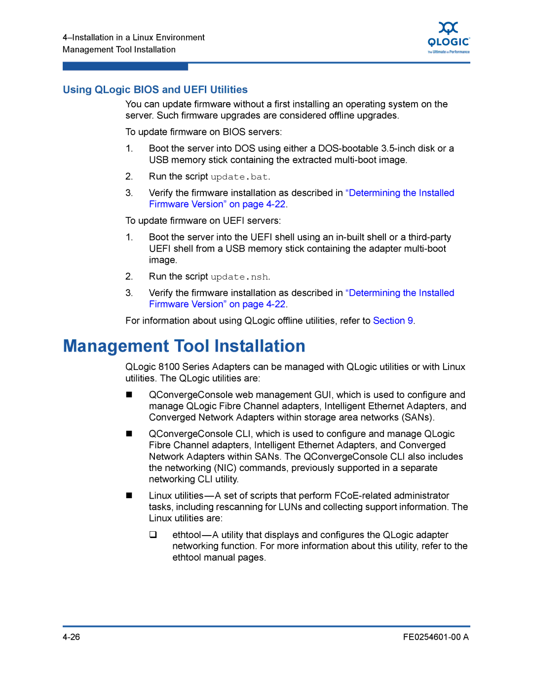 Q-Logic 8100 SERIES manual Management Tool Installation, Using QLogic Bios and Uefi Utilities 