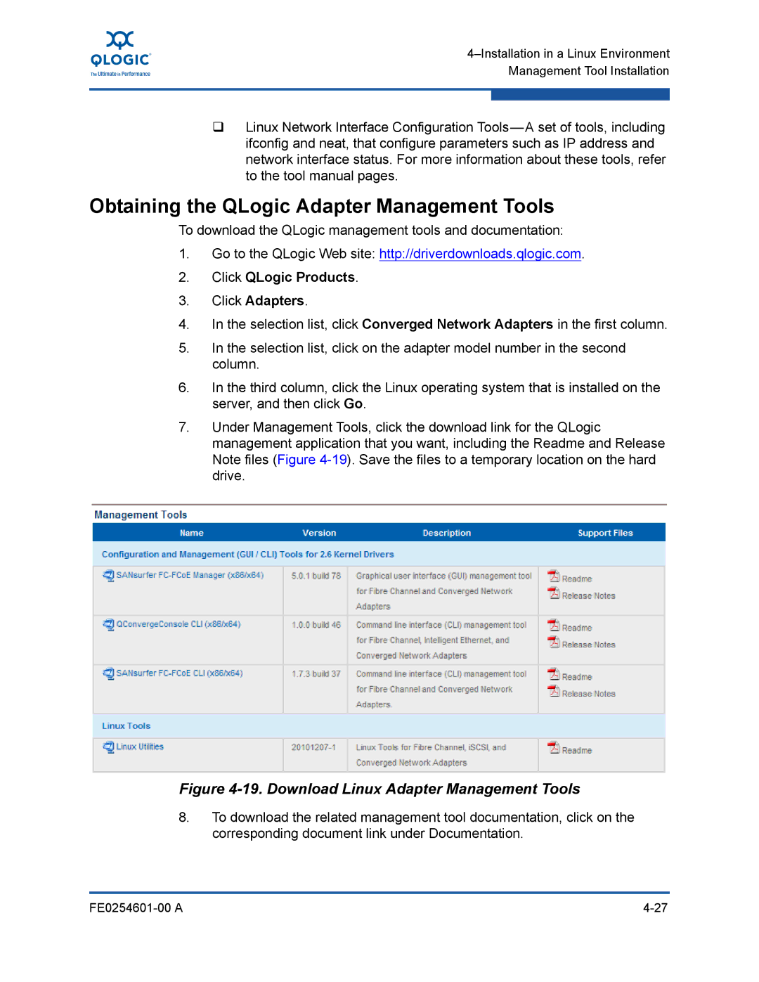 Q-Logic 8100 SERIES manual Obtaining the QLogic Adapter Management Tools, Download Linux Adapter Management Tools 