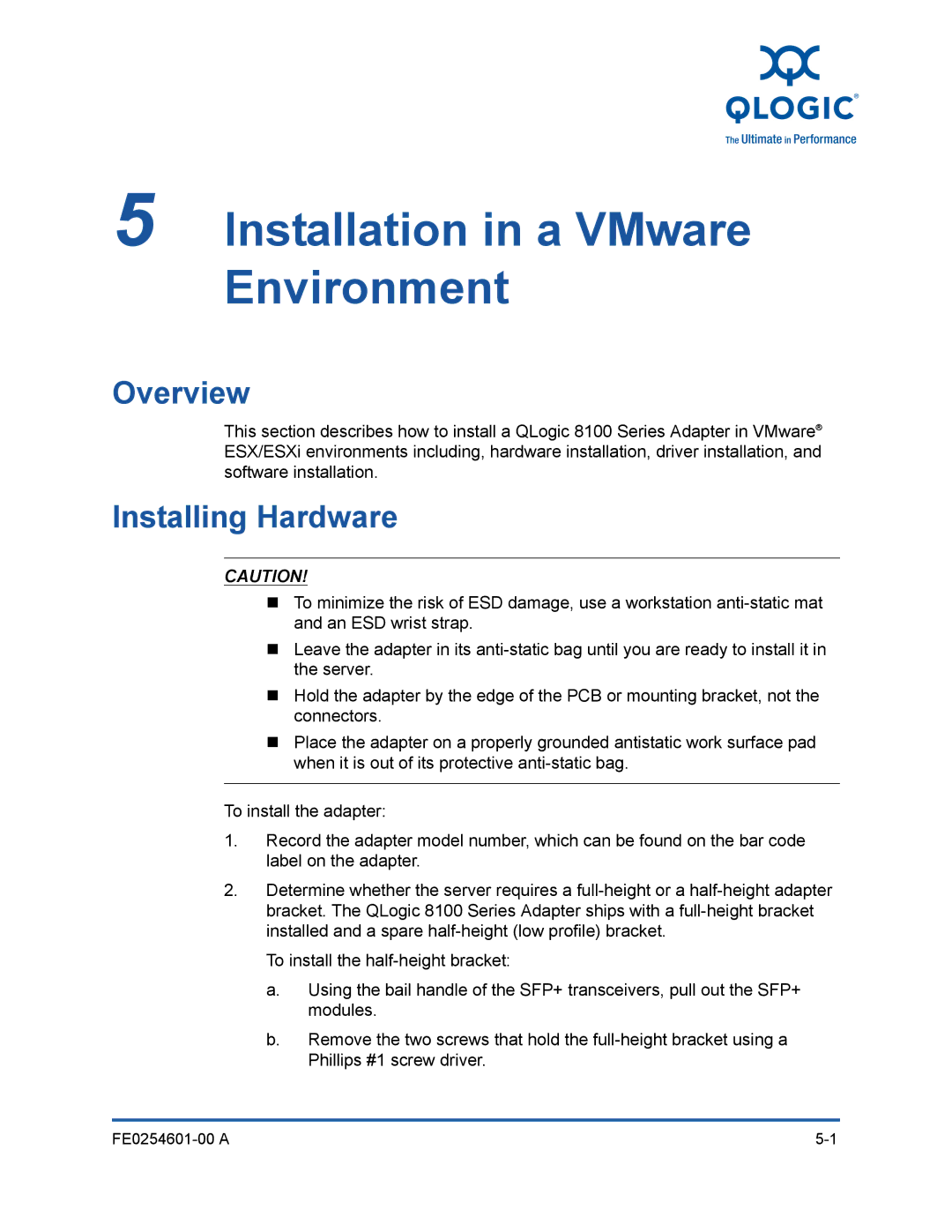 Q-Logic 8100 SERIES manual Installation in a VMware Environment 