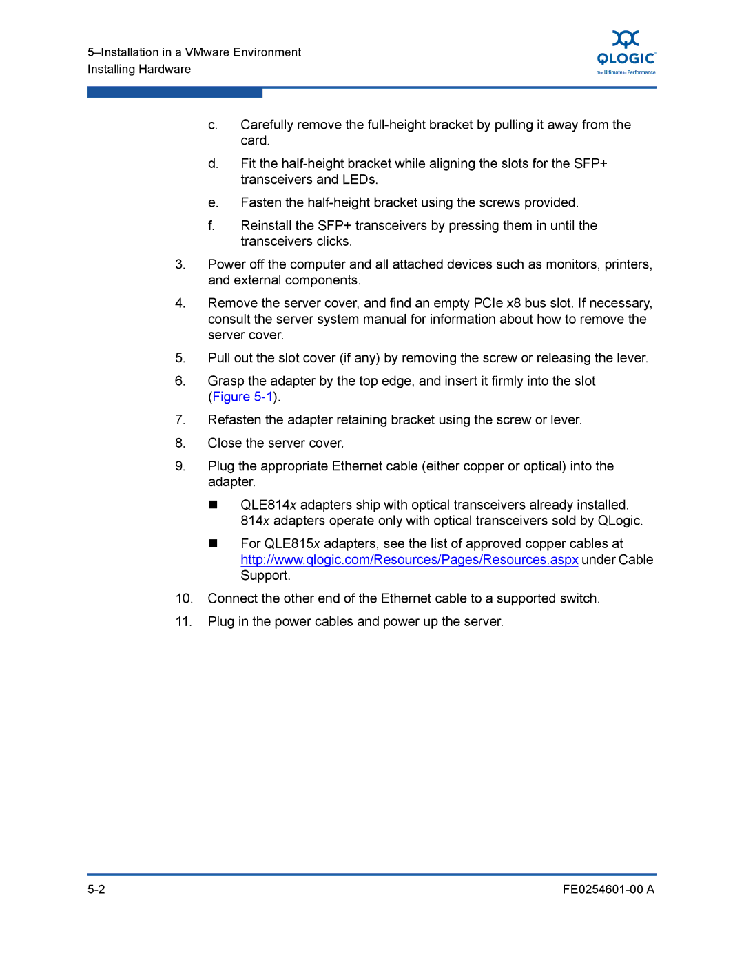 Q-Logic 8100 SERIES manual Installation in a VMware Environment Installing Hardware 