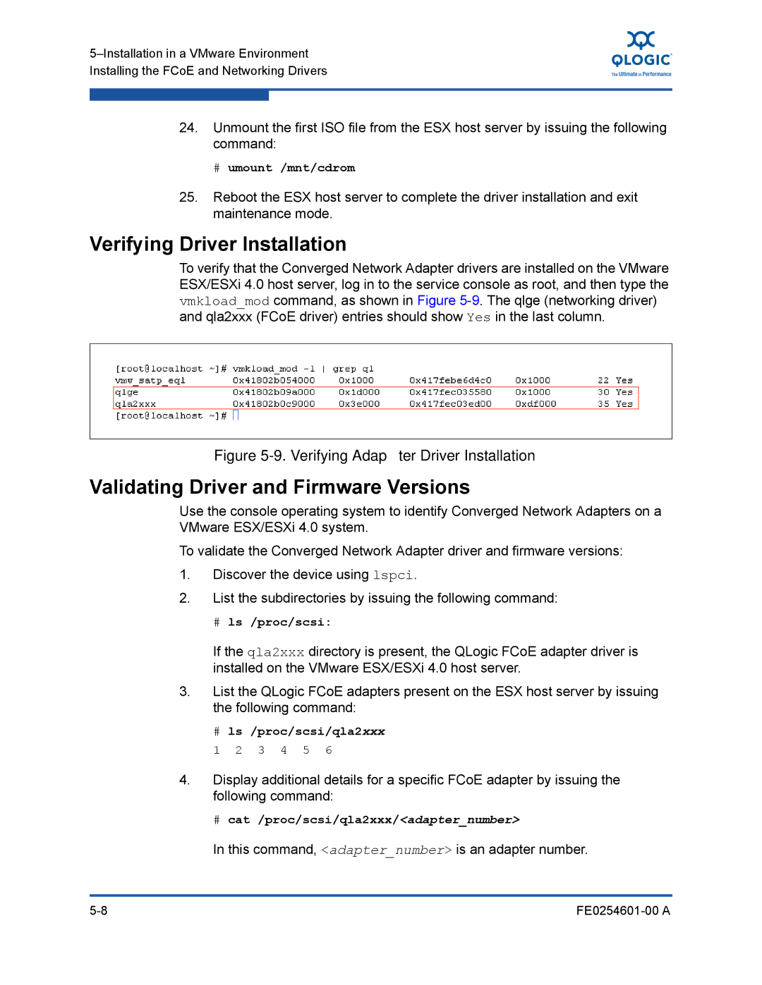 Q-Logic 8100 SERIES manual Verifying Driver Installation, Validating Driver and Firmware Versions, # ls /proc/scsi 