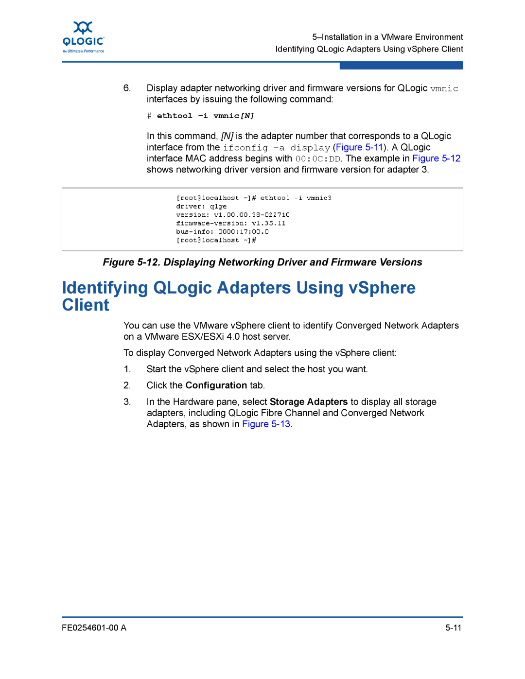 Q-Logic 8100 SERIES manual Identifying QLogic Adapters Using vSphere Client, # ethtool -i vmnicN 