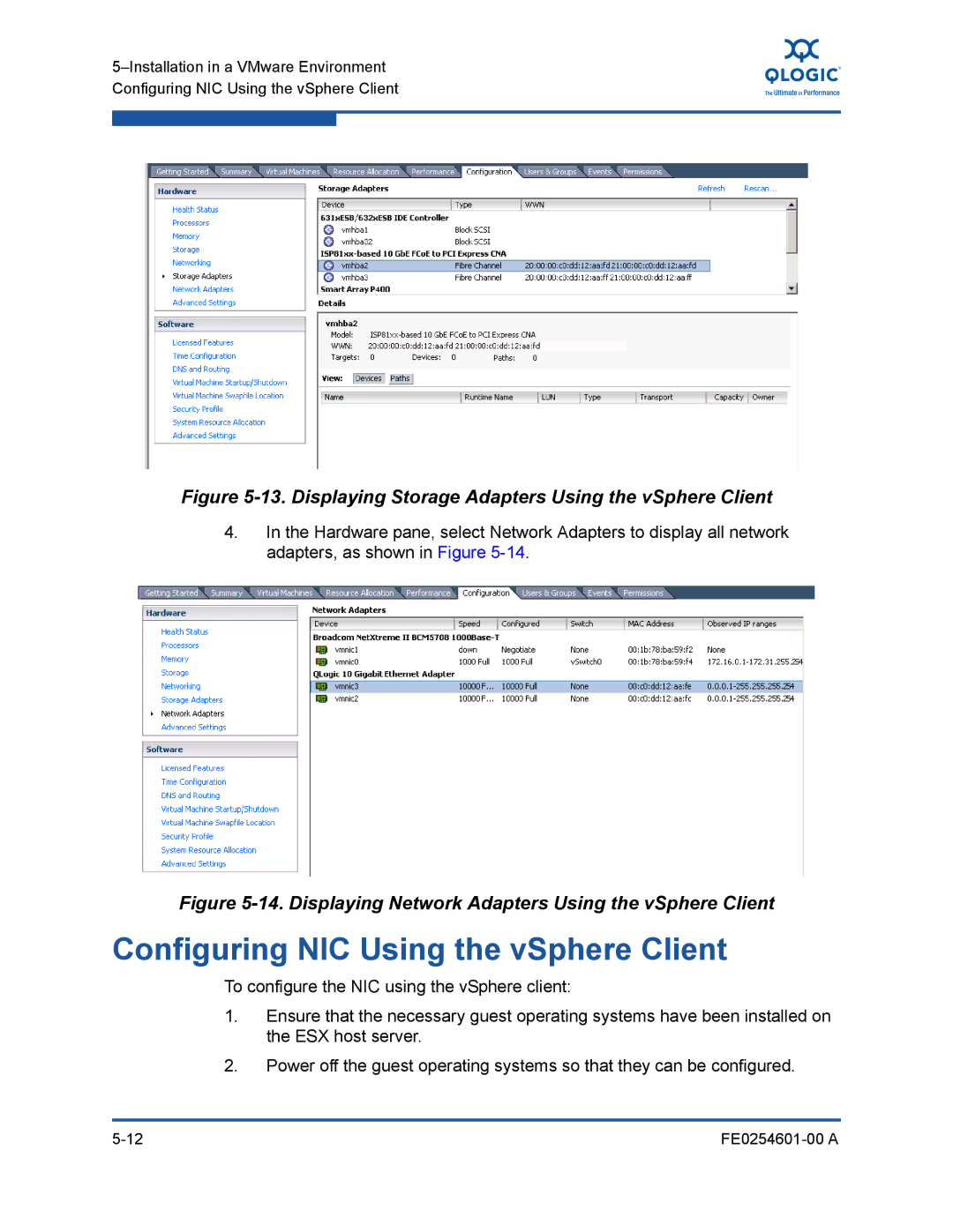 Q-Logic 8100 SERIES manual Configuring NIC Using the vSphere Client, Displaying Storage Adapters Using the vSphere Client 