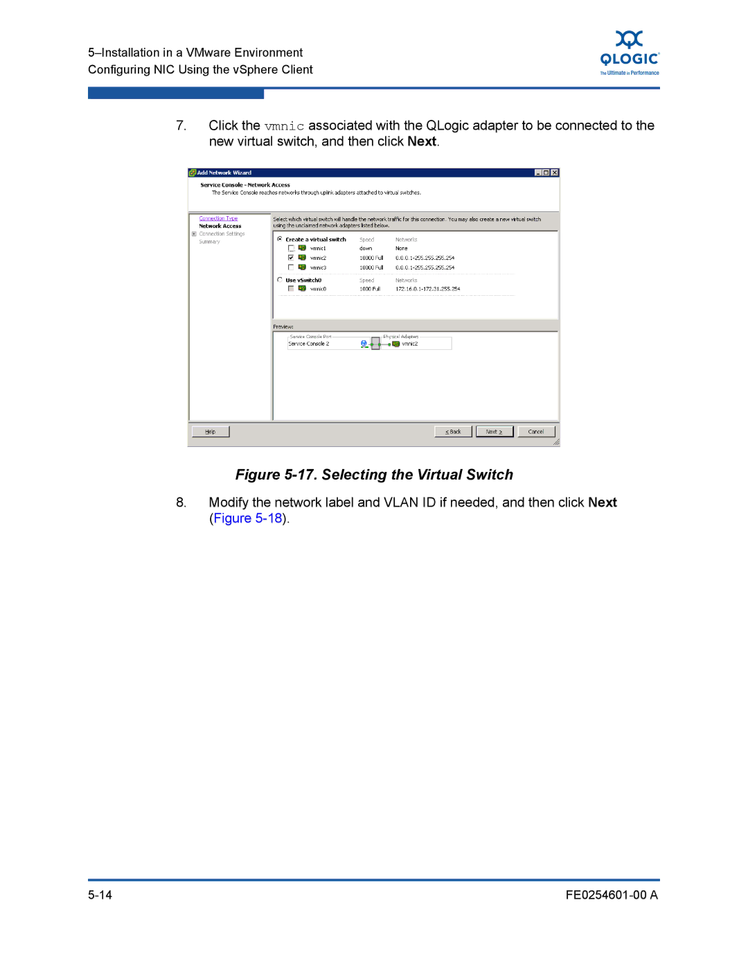 Q-Logic 8100 SERIES manual Selecting the Virtual Switch 