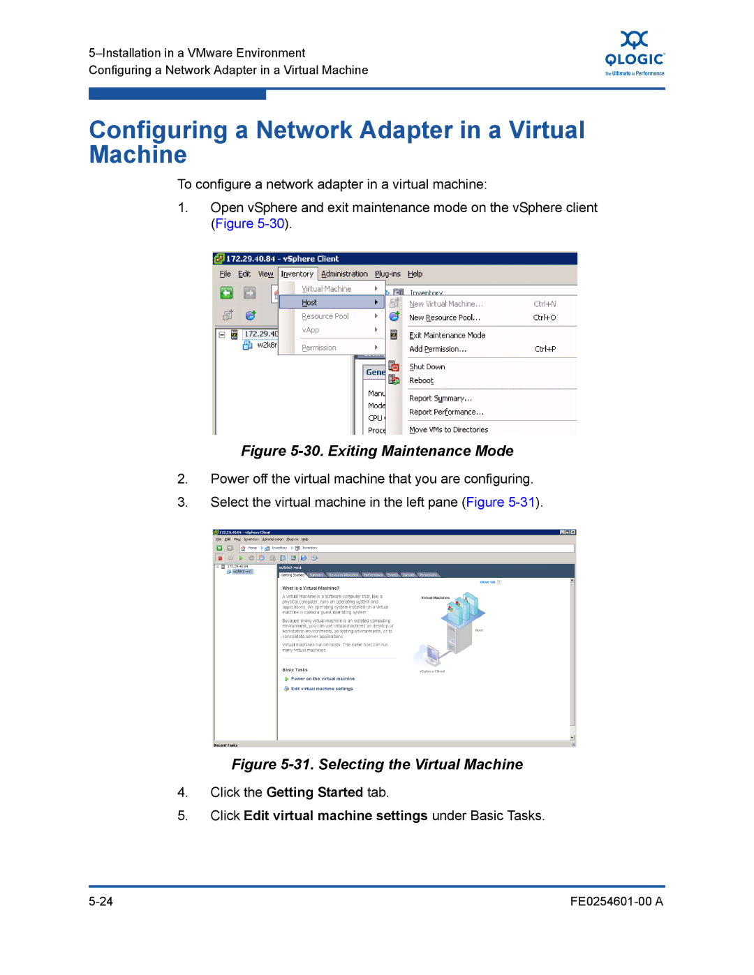 Q-Logic 8100 SERIES manual Configuring a Network Adapter in a Virtual Machine, Exiting Maintenance Mode 