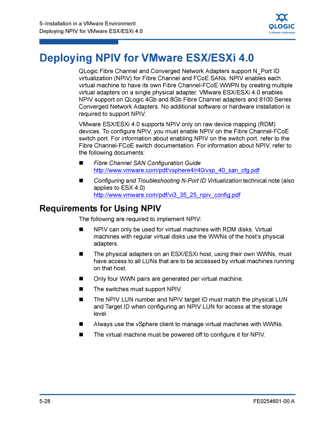 Q-Logic 8100 SERIES manual Deploying Npiv for VMware ESX/ESXi, Requirements for Using Npiv 