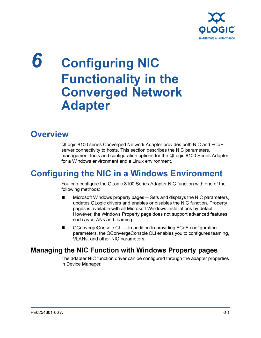 Q-Logic 8100 SERIES Configuring the NIC in a Windows Environment, Managing the NIC Function with Windows Property pages 