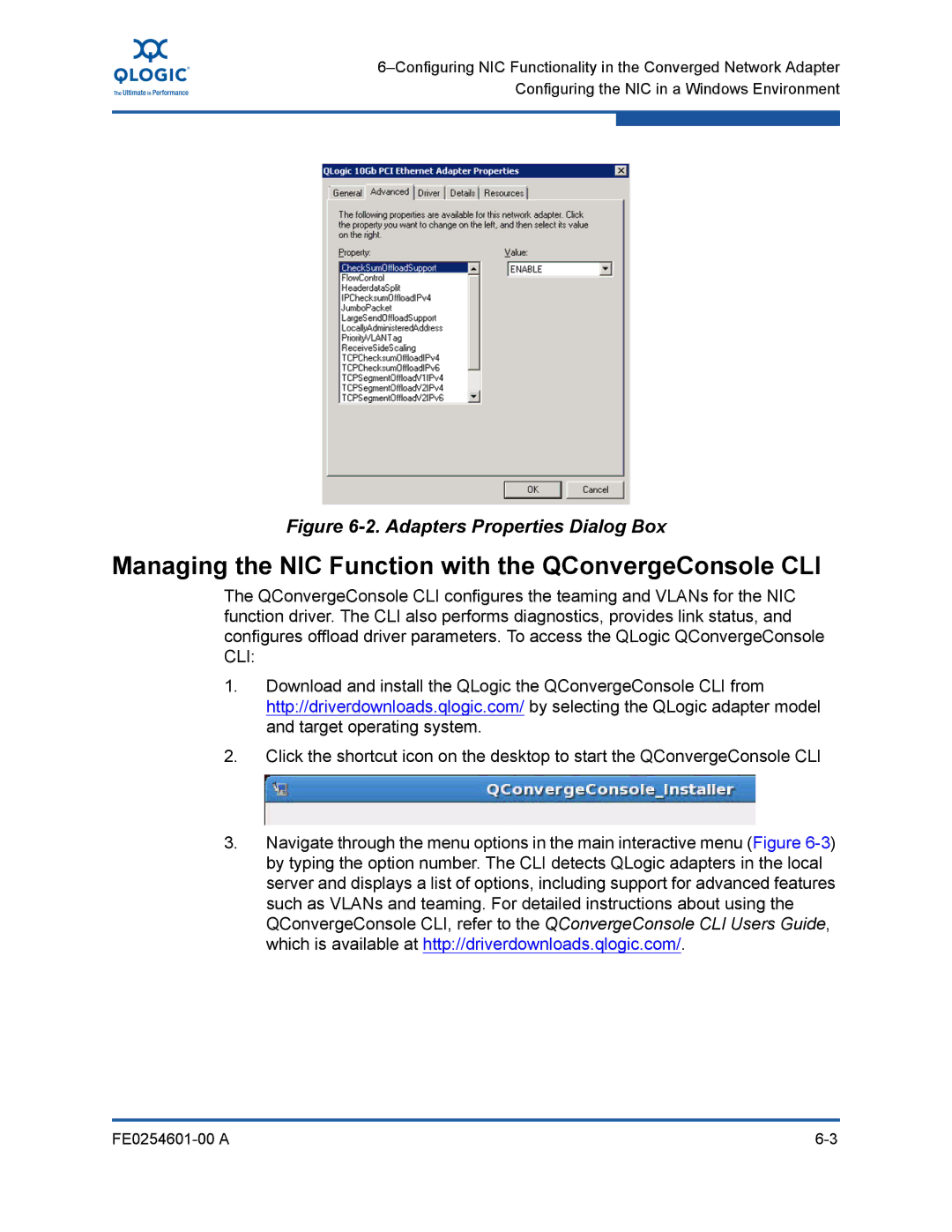 Q-Logic 8100 SERIES manual Managing the NIC Function with the QConvergeConsole CLI, Adapters Properties Dialog Box 