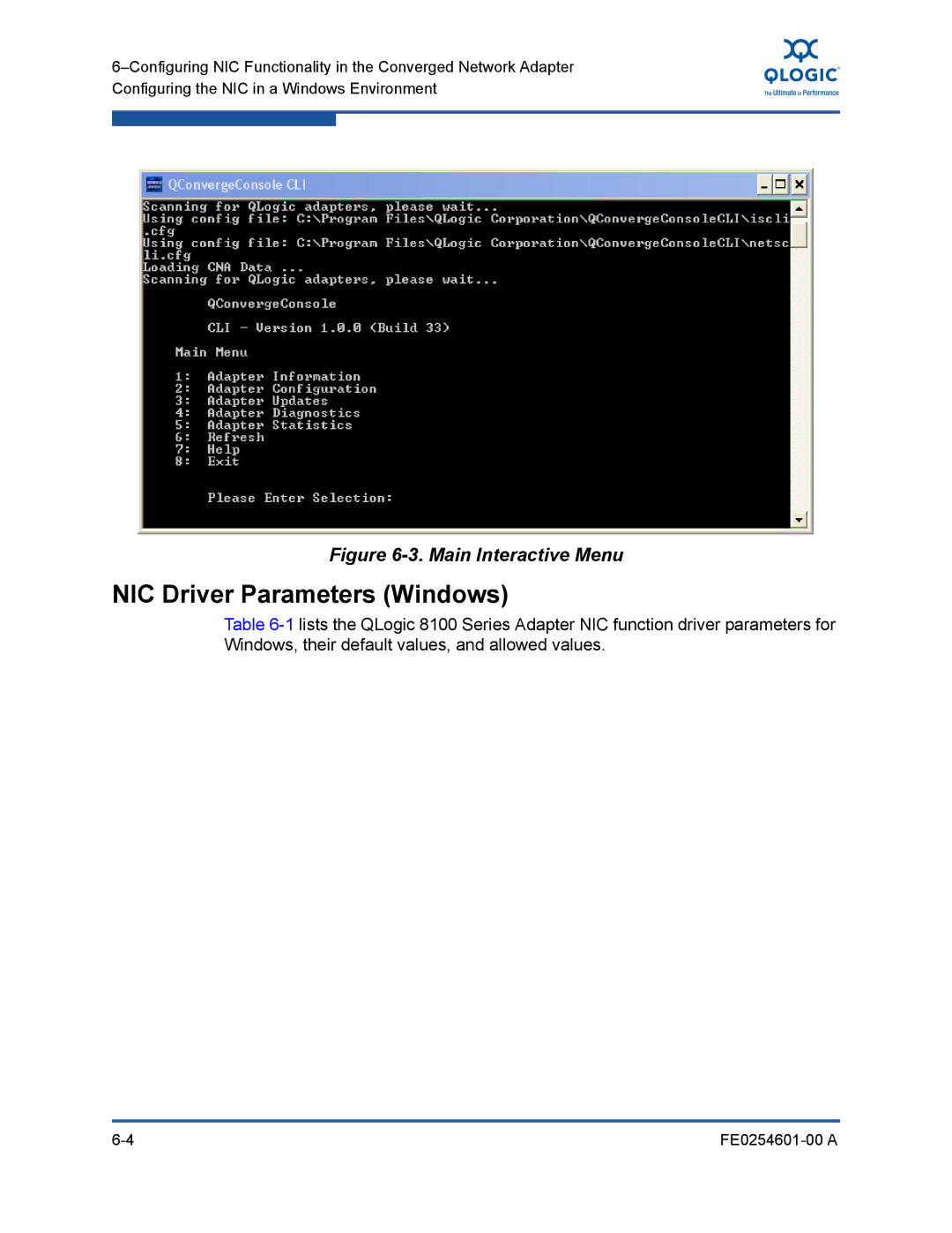 Q-Logic 8100 SERIES manual NIC Driver Parameters Windows, Main Interactive Menu 