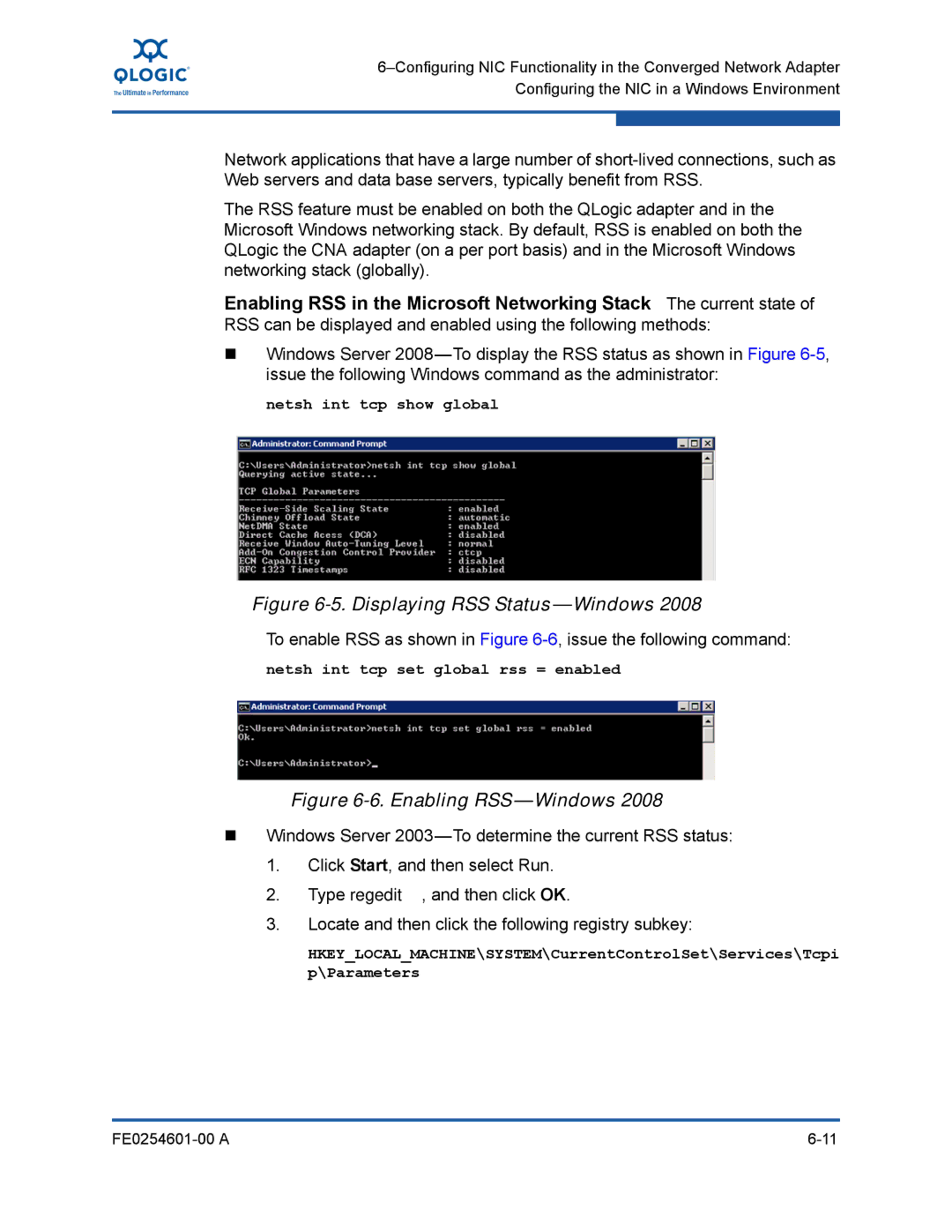 Q-Logic 8100 SERIES manual Netsh int tcp show global, Netsh int tcp set global rss = enabled 