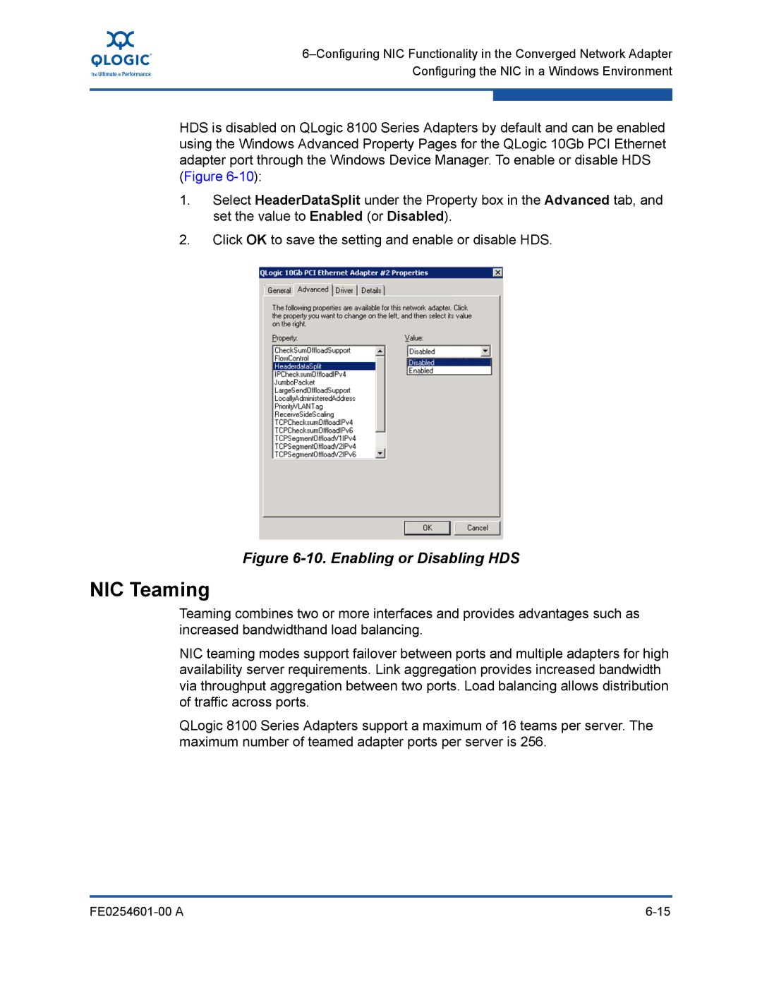 Q-Logic 8100 SERIES manual NIC Teaming, Enabling or Disabling HDS 