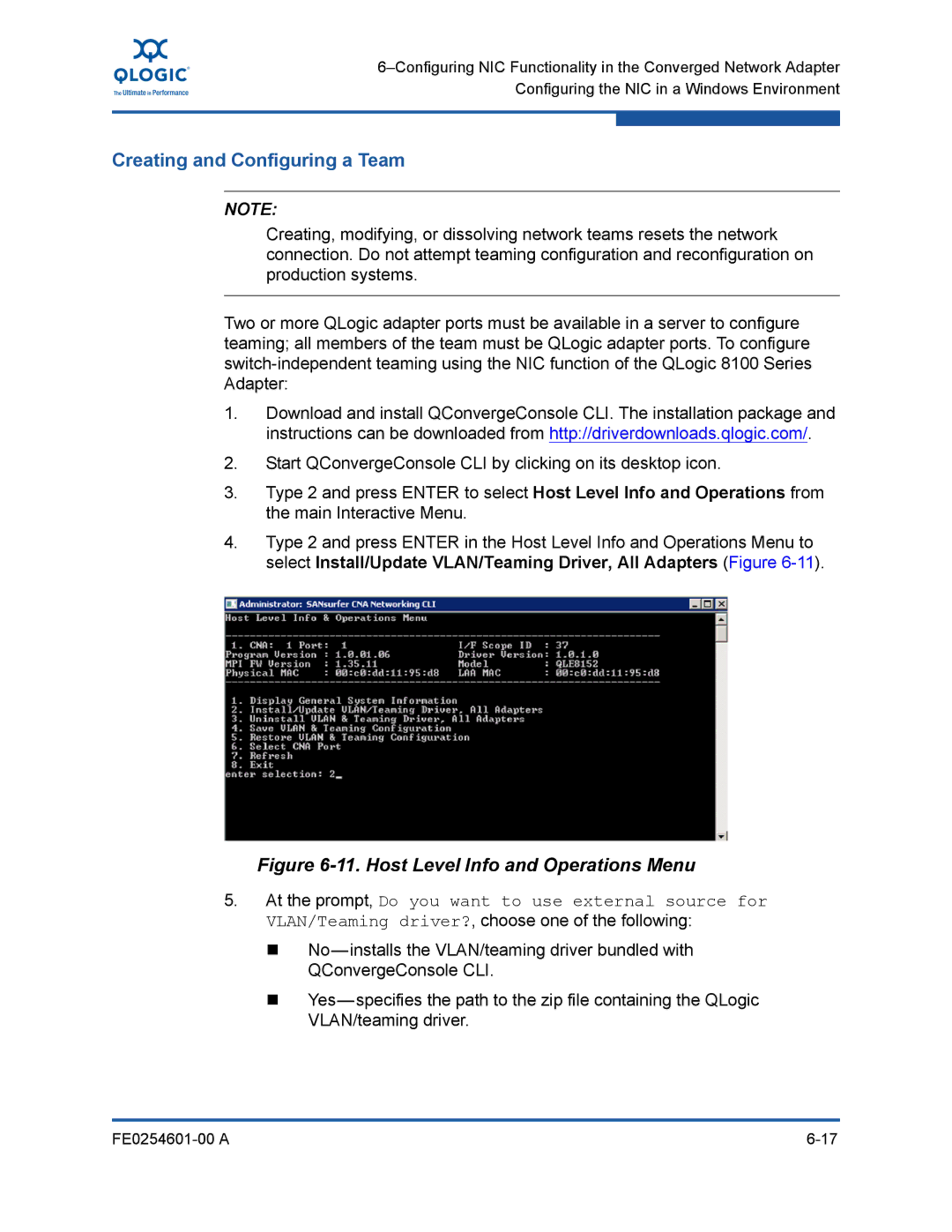 Q-Logic 8100 SERIES manual Creating and Configuring a Team, Host Level Info and Operations Menu 