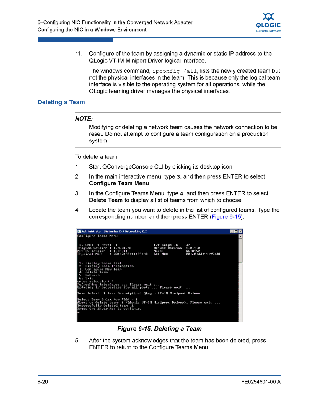 Q-Logic 8100 SERIES manual Deleting a Team 