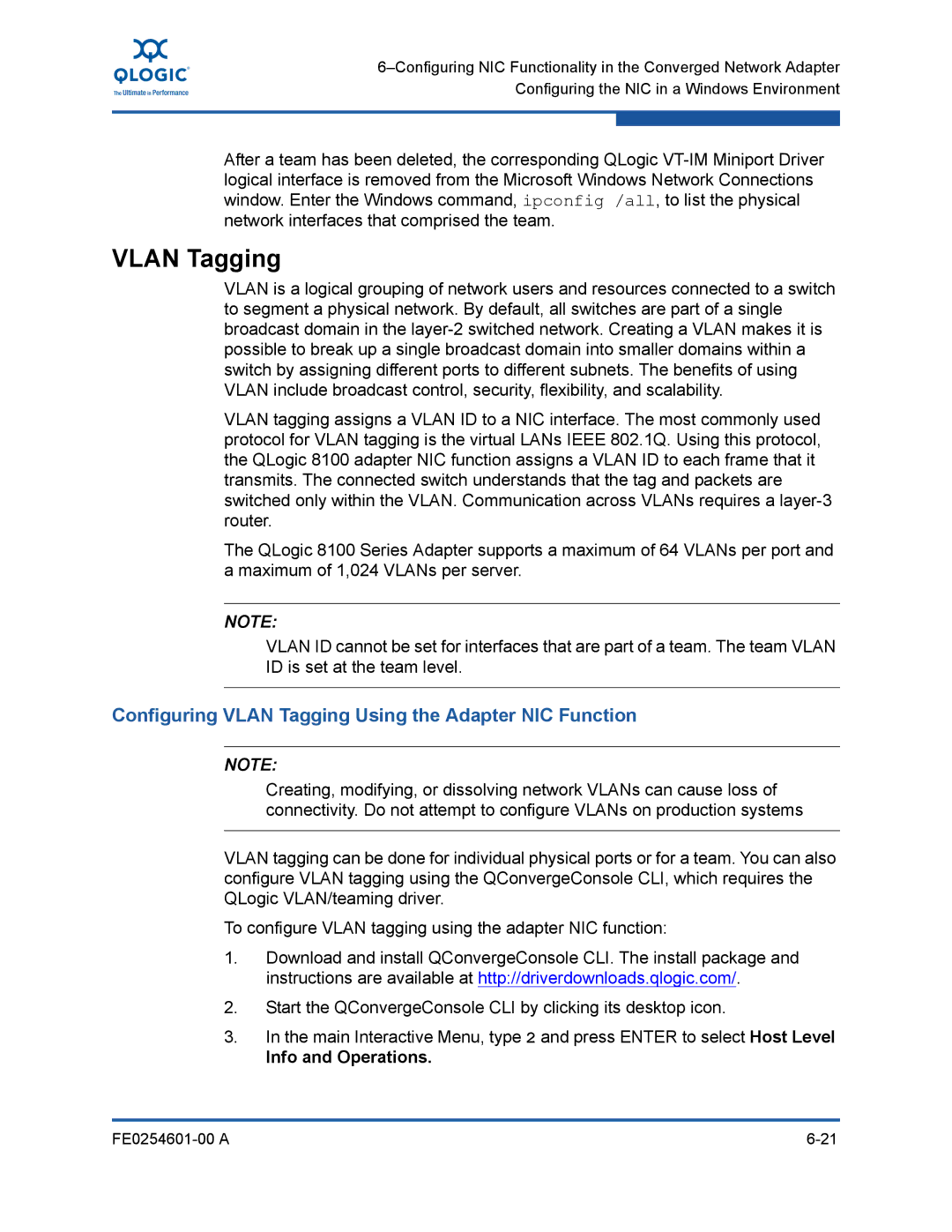 Q-Logic 8100 SERIES manual Configuring Vlan Tagging Using the Adapter NIC Function 