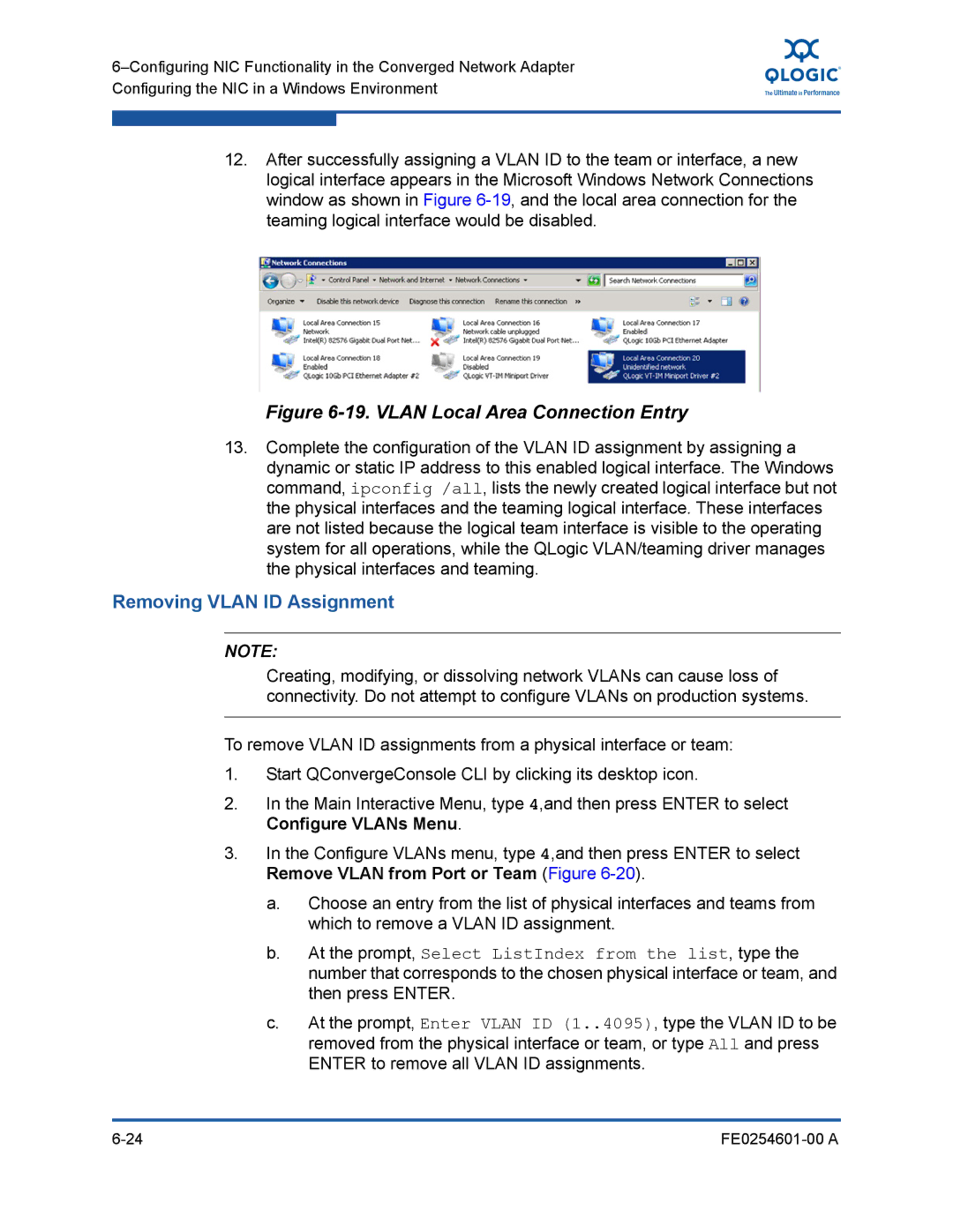 Q-Logic 8100 SERIES manual Vlan Local Area Connection Entry, Removing Vlan ID Assignment 