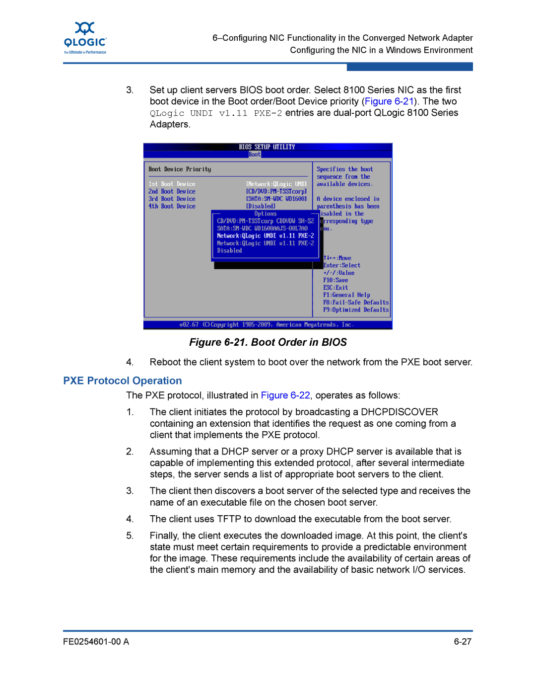 Q-Logic 8100 SERIES manual Boot Order in Bios, PXE Protocol Operation 