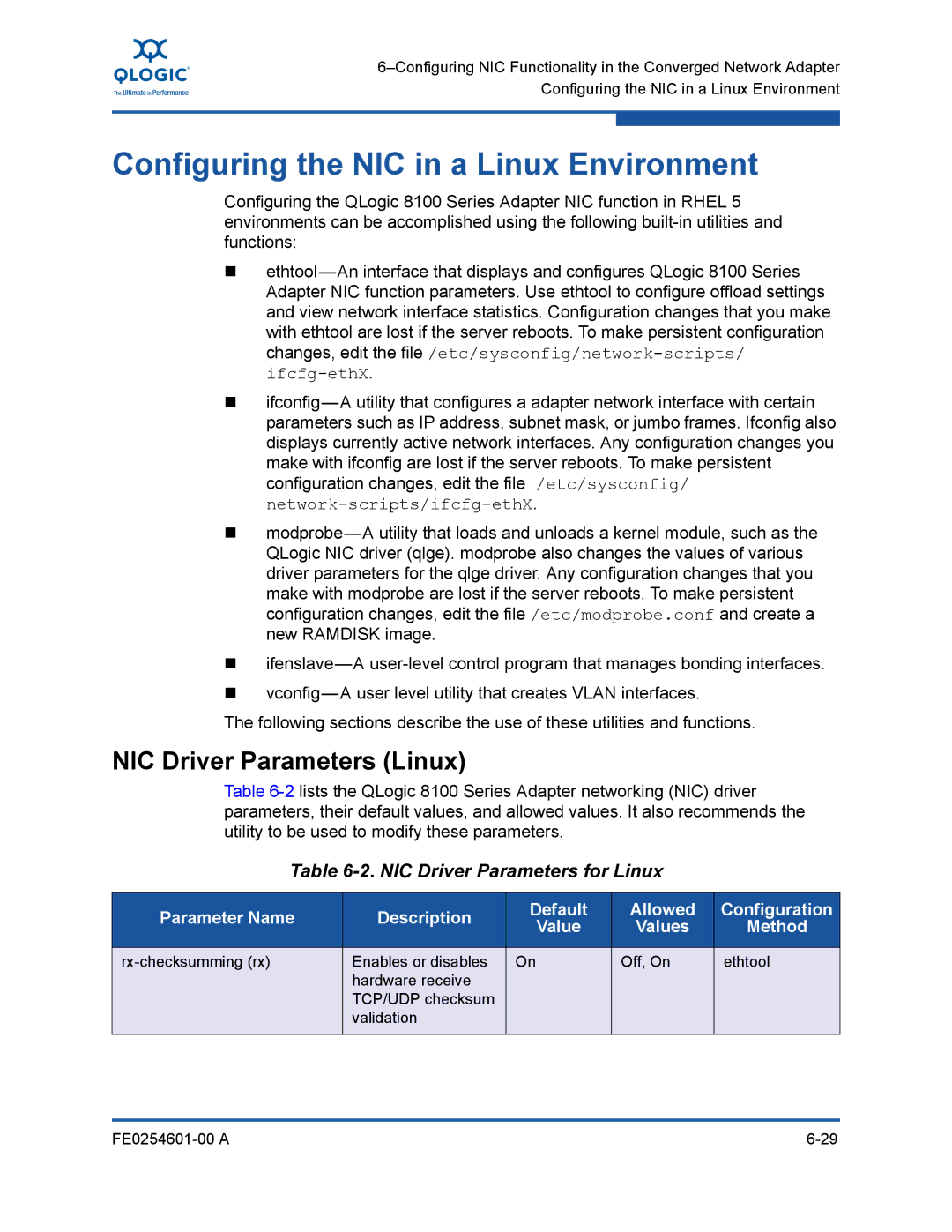 Q-Logic 8100 SERIES manual Configuring the NIC in a Linux Environment, NIC Driver Parameters Linux, Method 