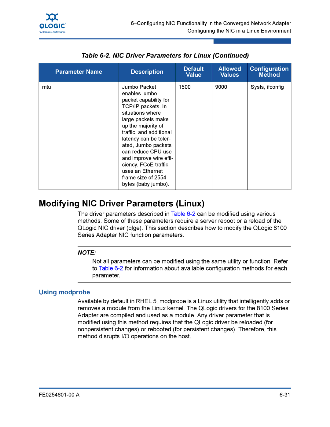 Q-Logic 8100 SERIES manual Modifying NIC Driver Parameters Linux, Using modprobe 