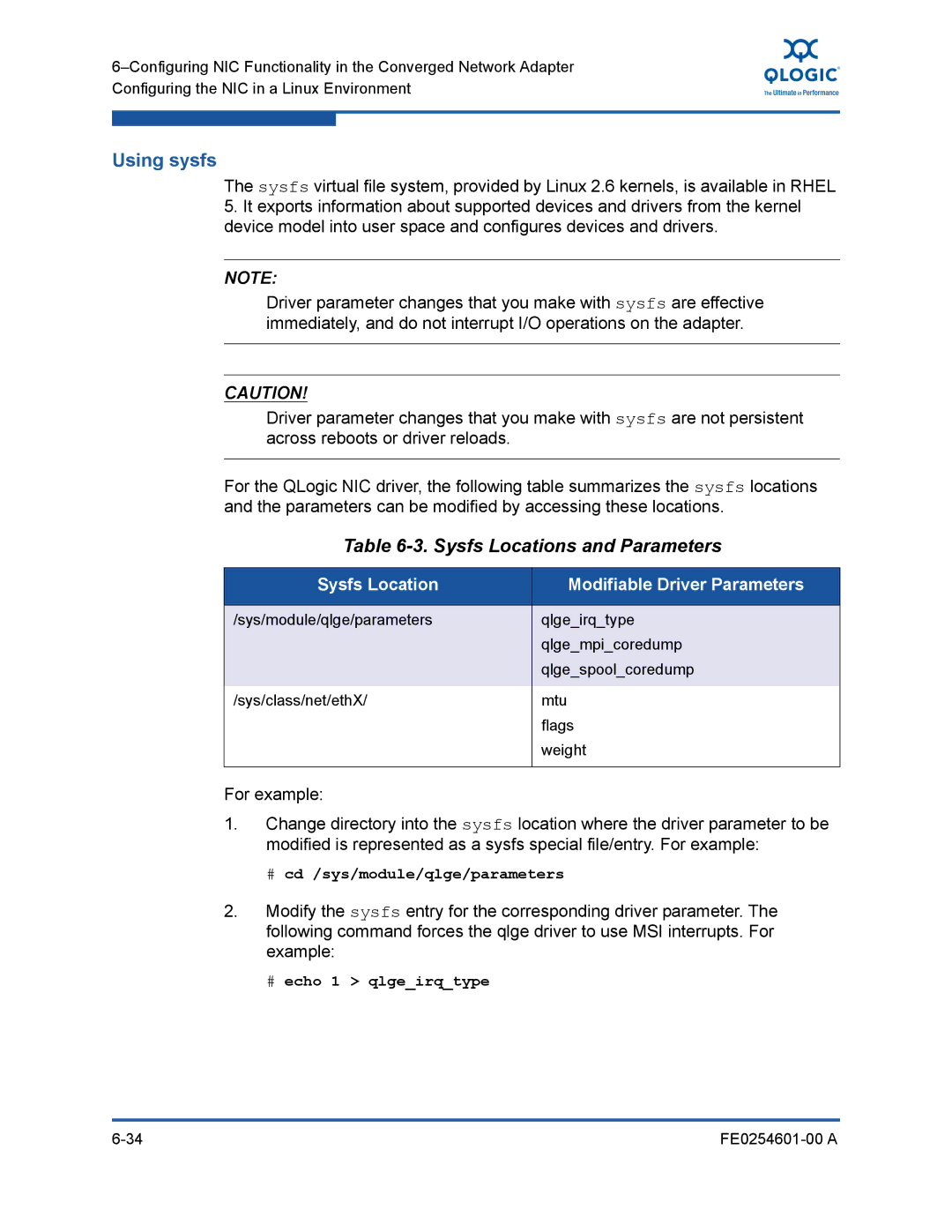 Q-Logic 8100 SERIES manual Using sysfs, Sysfs Locations and Parameters, Sysfs Location Modifiable Driver Parameters 