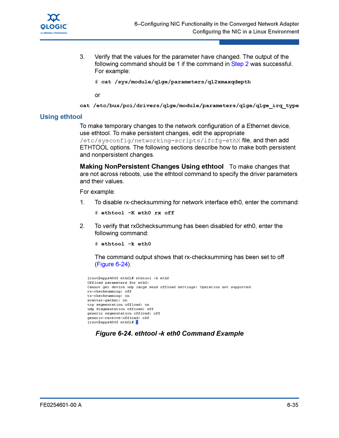 Q-Logic 8100 SERIES manual Using ethtool, # ethtool -K eth0 rx off, # ethtool -k eth0 