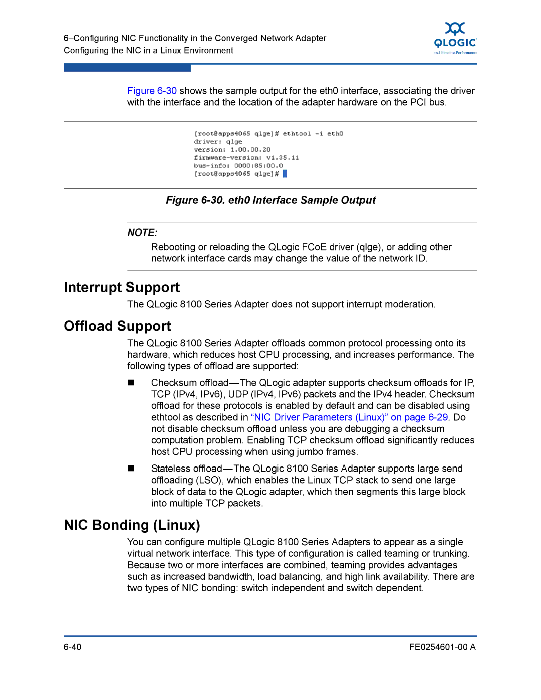 Q-Logic 8100 SERIES manual Interrupt Support, Offload Support, NIC Bonding Linux 