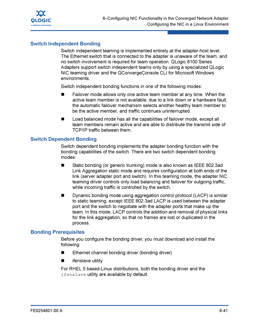 Q-Logic 8100 SERIES manual Switch Independent Bonding, Switch Dependent Bonding, Bonding Prerequisites 