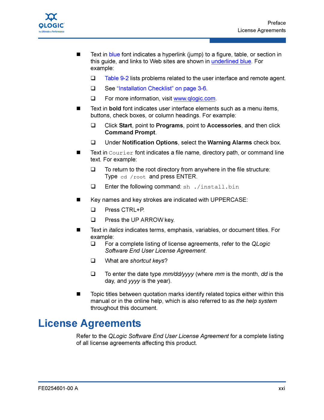 Q-Logic 8100 SERIES manual License Agreements,  See Installation Checklist on 