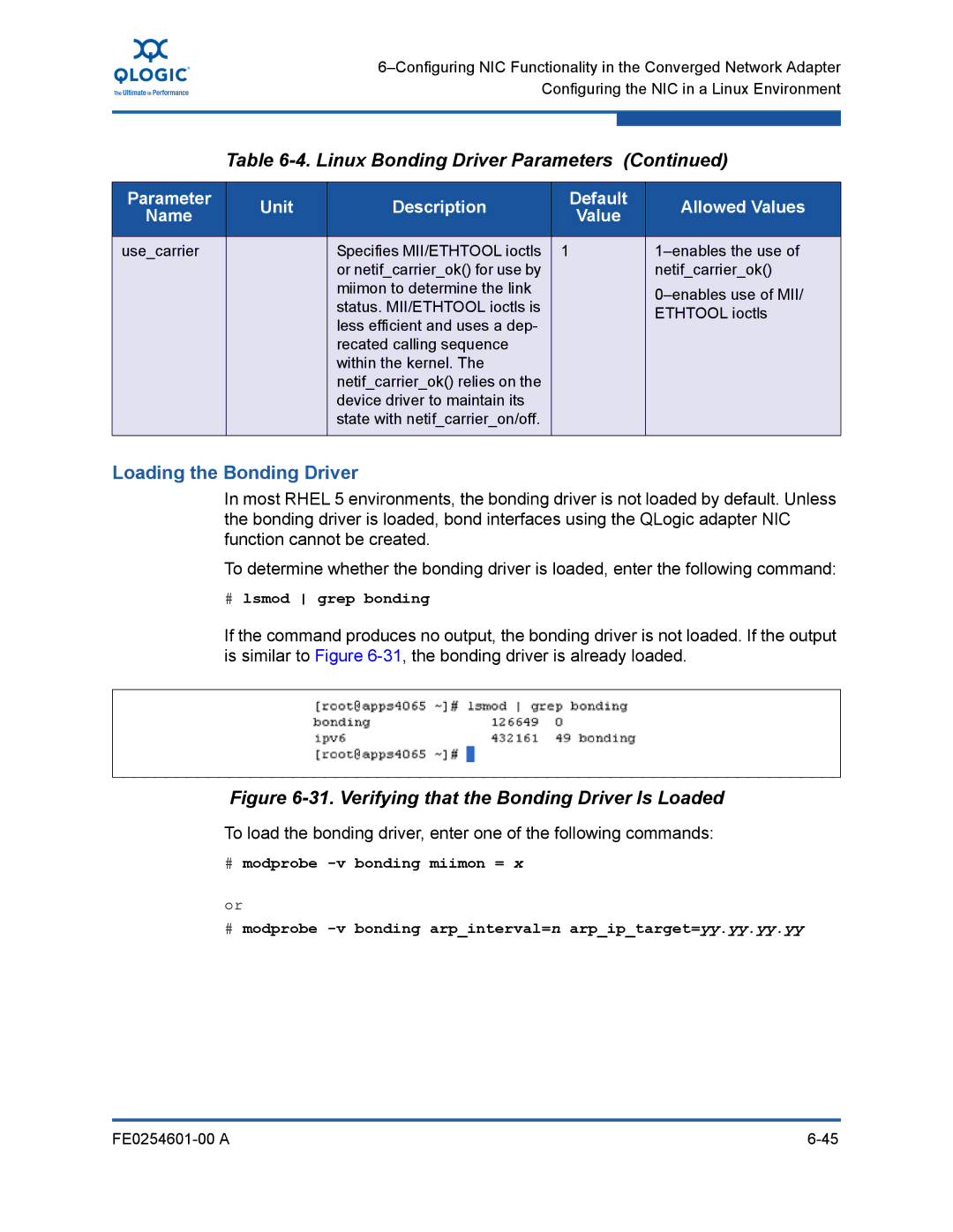 Q-Logic 8100 SERIES manual Loading the Bonding Driver, # lsmod grep bonding 