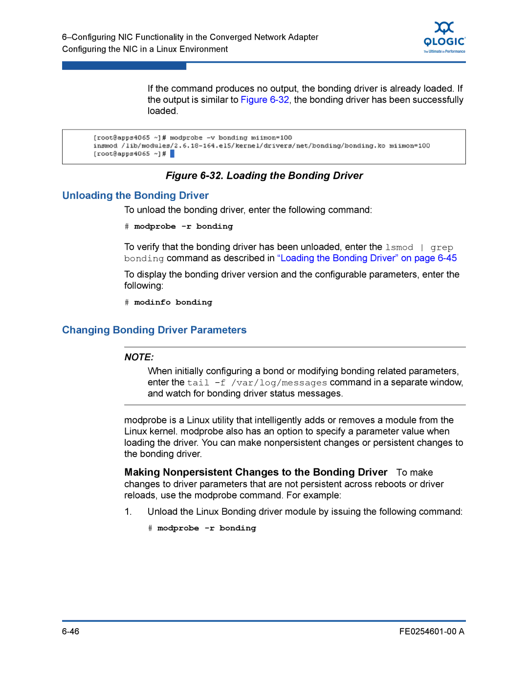 Q-Logic 8100 SERIES manual Unloading the Bonding Driver, Changing Bonding Driver Parameters, # modprobe -r bonding 