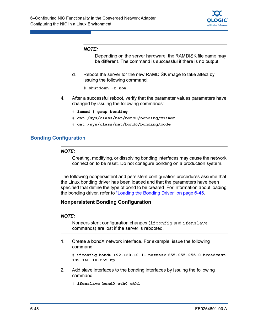 Q-Logic 8100 SERIES manual Bonding Configuration, # ifenslave bond0 eth0 eth1 