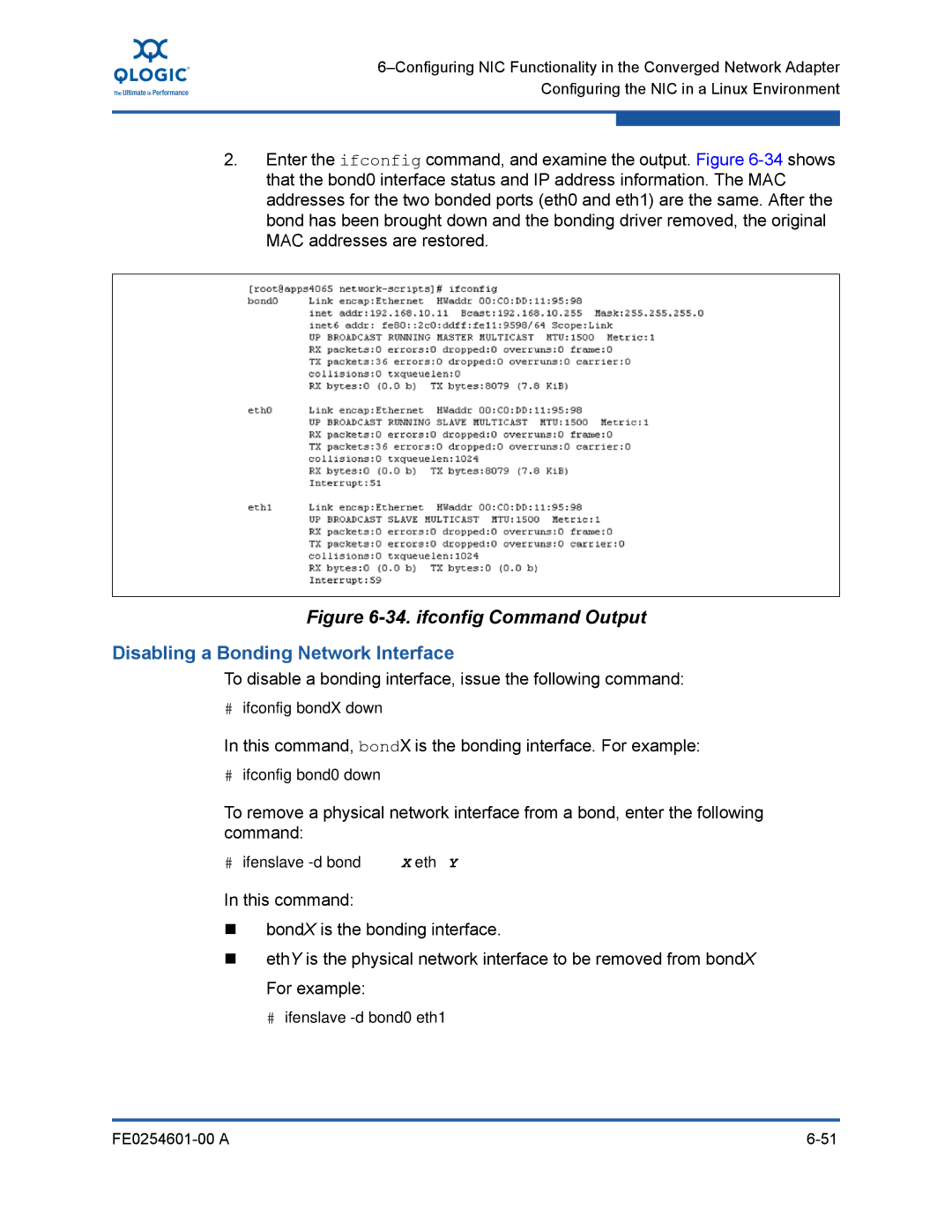 Q-Logic 8100 SERIES manual Disabling a Bonding Network Interface, # ifconfig bondX down, # ifconfig bond0 down 