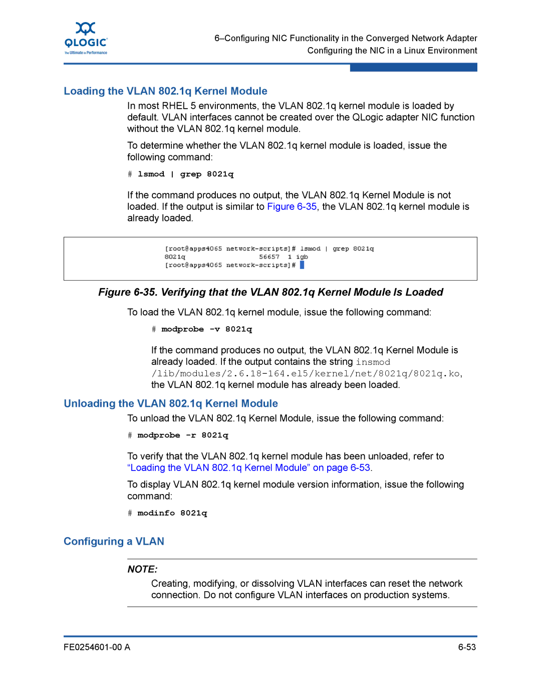 Q-Logic 8100 SERIES Loading the Vlan 802.1q Kernel Module, Unloading the Vlan 802.1q Kernel Module, Configuring a Vlan 