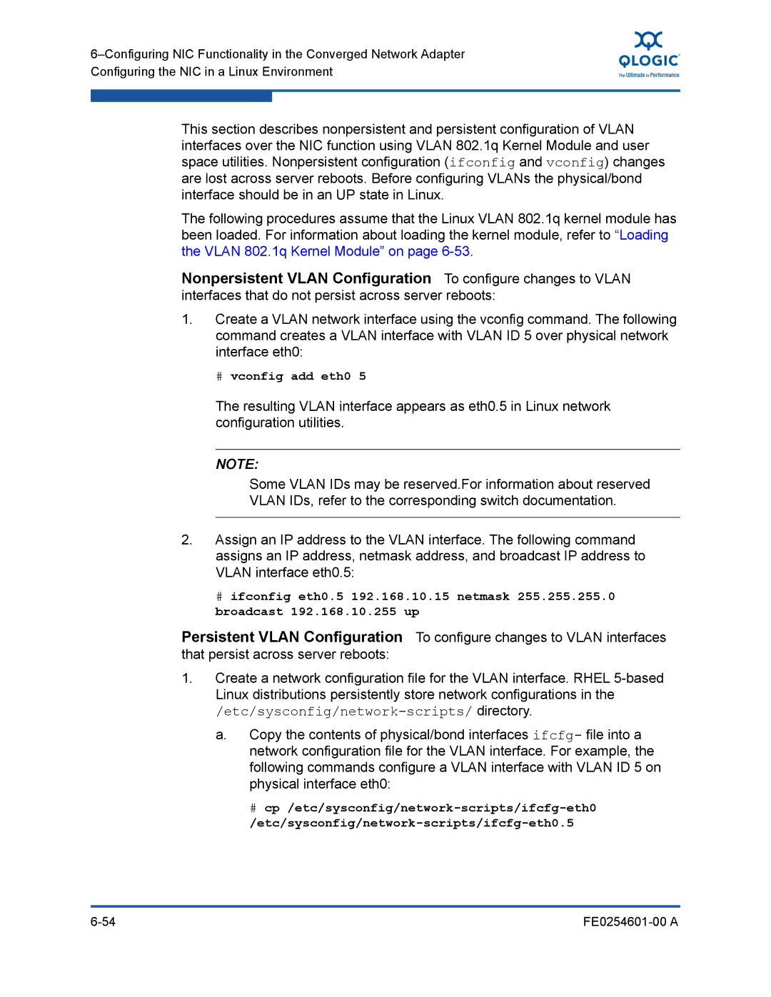 Q-Logic 8100 SERIES manual Etc/sysconfig/network-scripts/ directory, # vconfig add eth0 