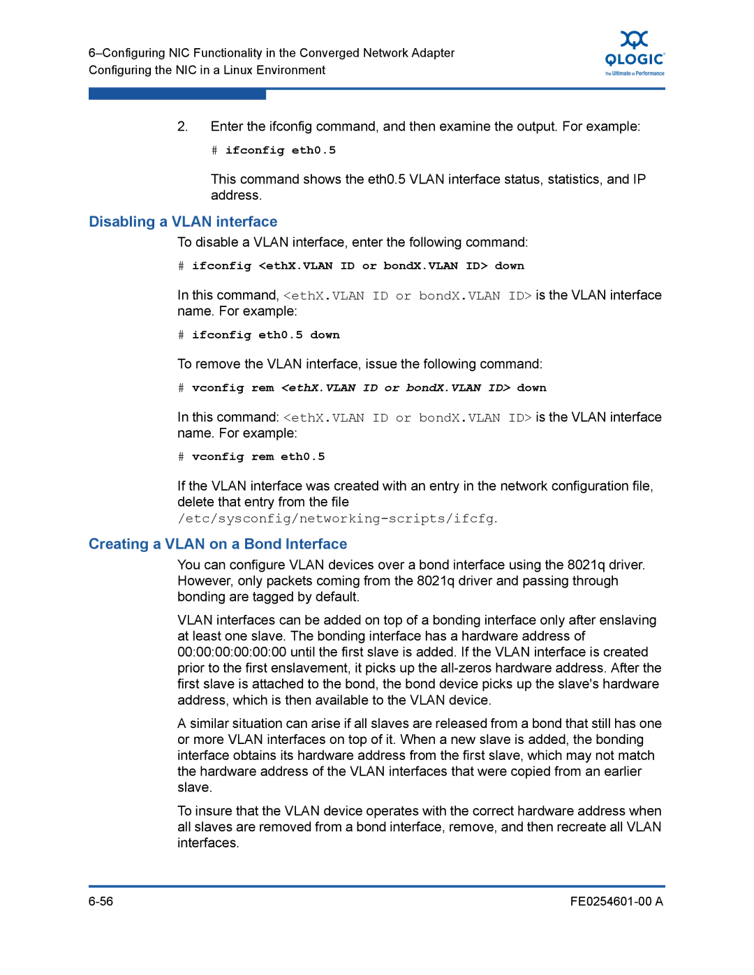 Q-Logic 8100 SERIES manual Disabling a Vlan interface, Creating a Vlan on a Bond Interface 