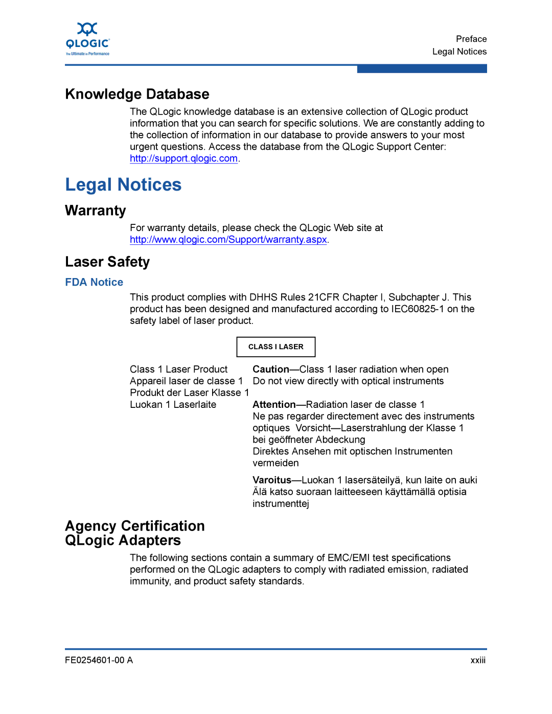 Q-Logic 8100 SERIES manual Legal Notices, Knowledge Database, Warranty, Laser Safety, Agency Certification QLogic Adapters 