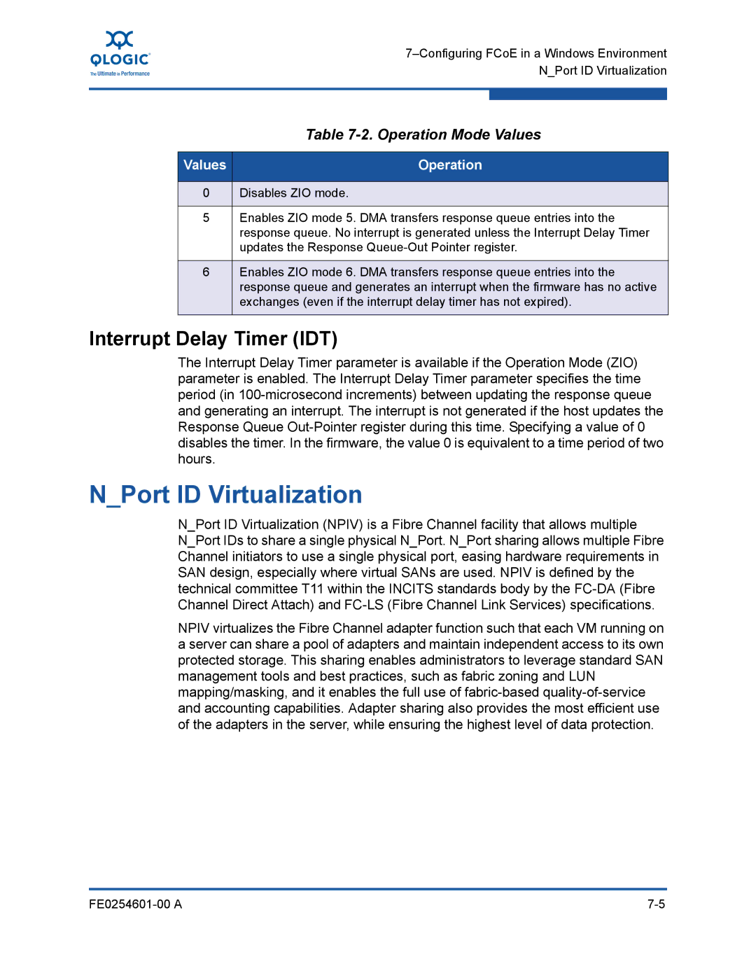 Q-Logic 8100 SERIES manual NPort ID Virtualization, Interrupt Delay Timer IDT, Operation Mode Values 