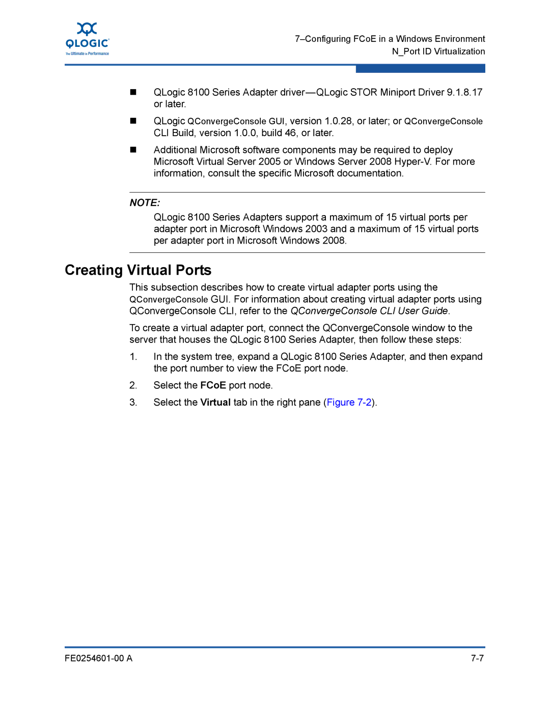 Q-Logic 8100 SERIES manual Creating Virtual Ports 