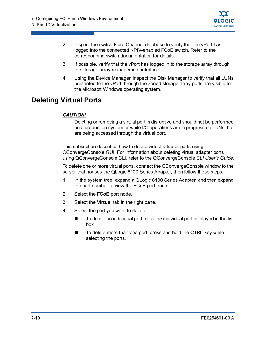 Q-Logic 8100 SERIES manual Deleting Virtual Ports 