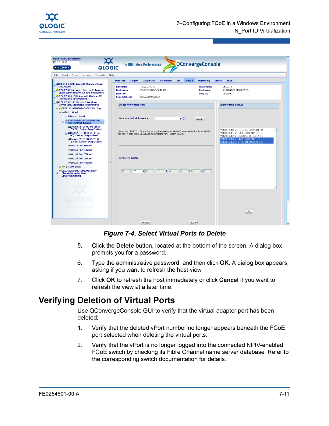 Q-Logic 8100 SERIES manual Verifying Deletion of Virtual Ports, Select Virtual Ports to Delete 