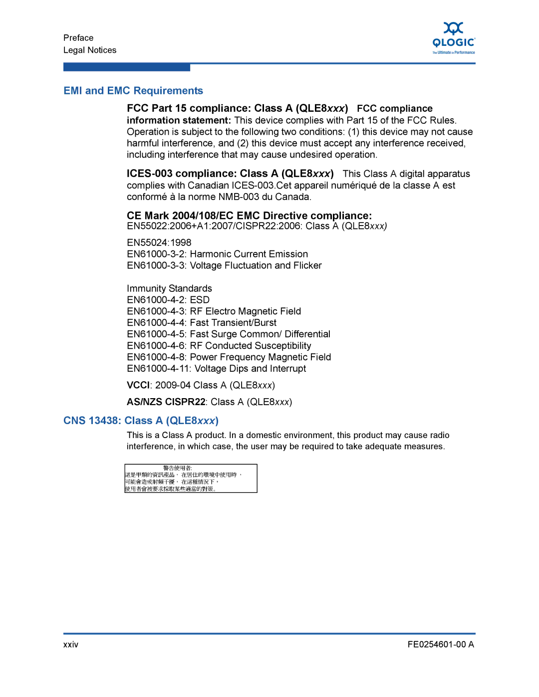 Q-Logic 8100 SERIES manual EMI and EMC Requirements, CNS 13438 Class a QLE8xxx 