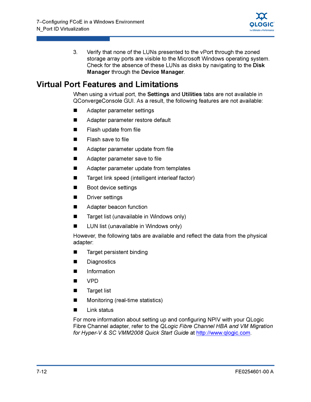 Q-Logic 8100 SERIES manual Virtual Port Features and Limitations,  Vpd 