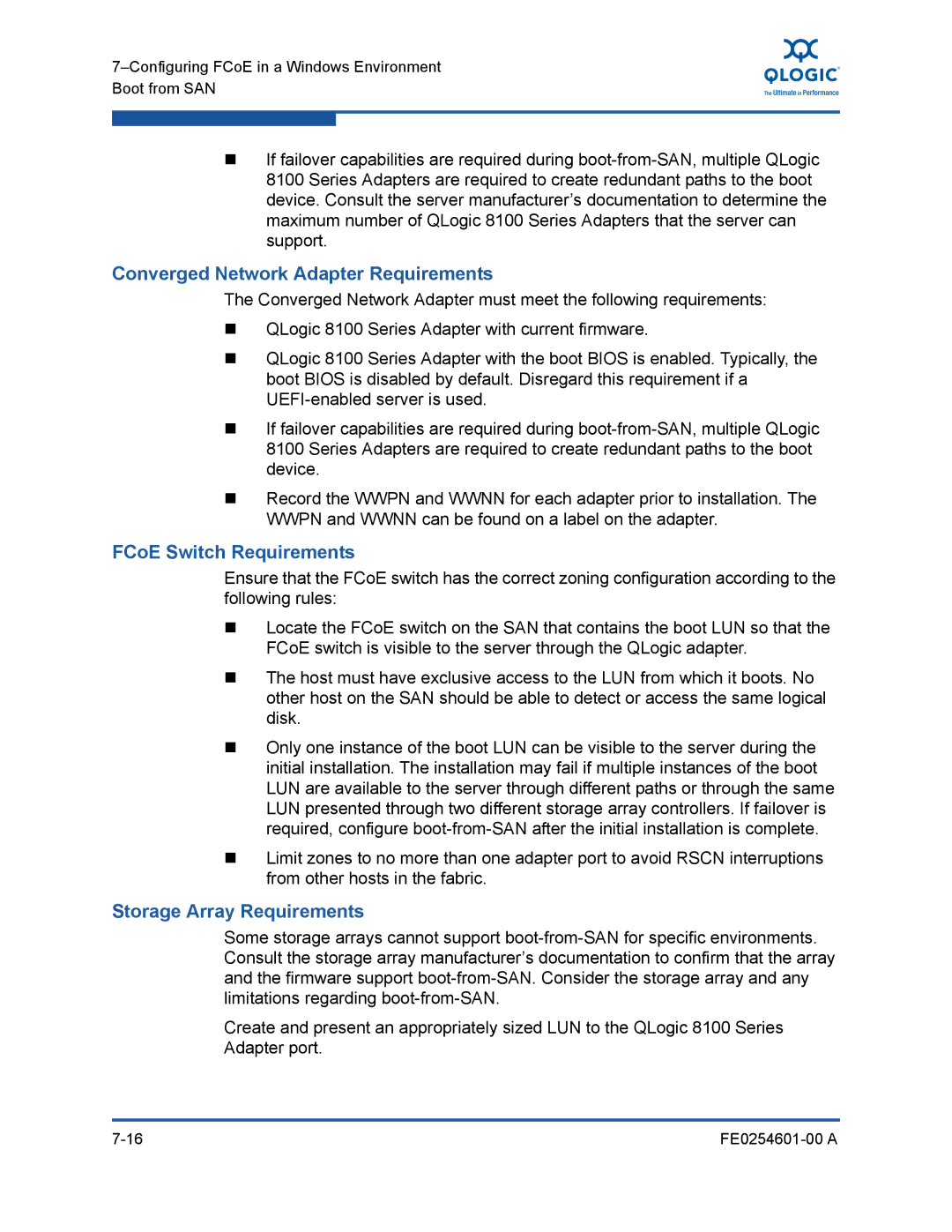 Q-Logic 8100 SERIES manual Converged Network Adapter Requirements, FCoE Switch Requirements, Storage Array Requirements 