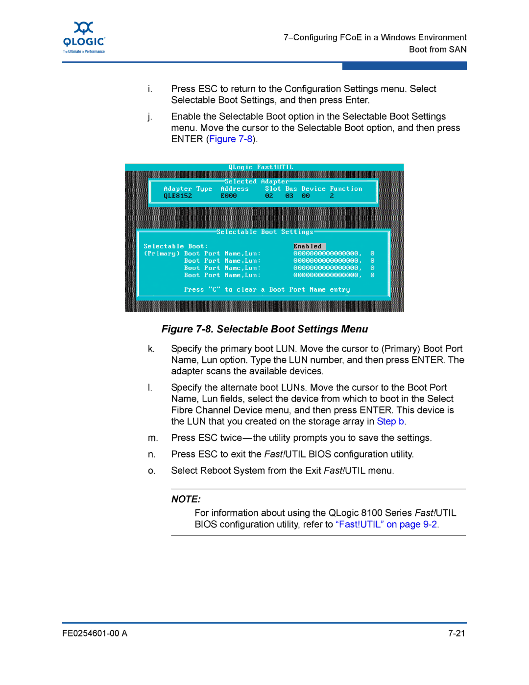 Q-Logic 8100 SERIES manual Selectable Boot Settings Menu 