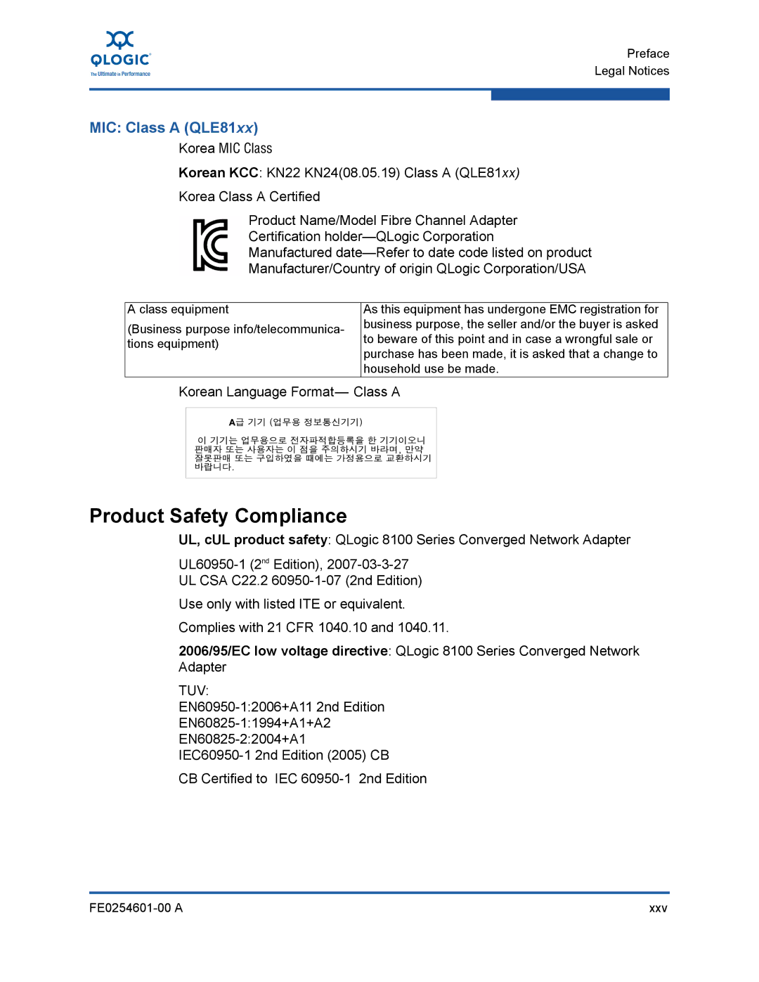 Q-Logic 8100 SERIES manual Product Safety Compliance, MIC Class a QLE81xx 